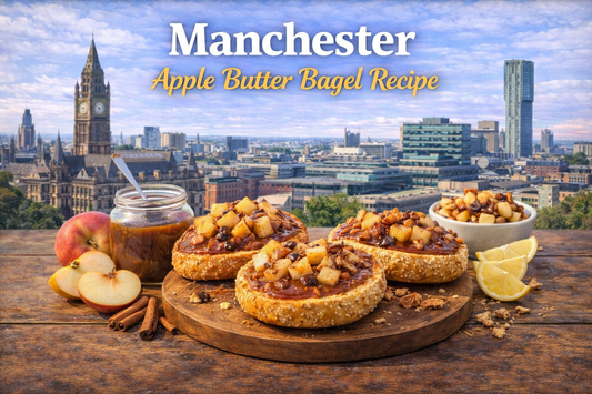 Manchester apple butter bagel with warm spiced apple spread, creamy coconut layer and a hot breakfast tea pairing from BoroPantry