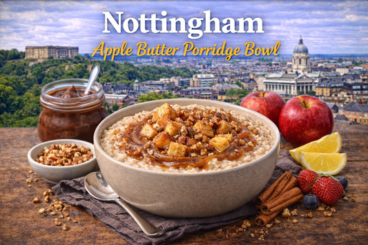 A warm Nottingham Apple Butter Porridge Bowl topped with glossy apple butter-style apples, chia-thickened oats, cinnamon, buckwheat honey and crunchy fruit-and-nut muesli, styled for the BoroPantry UK grocery blog.