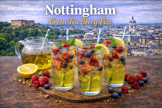 A chilled glass of Nottingham Green Tea Berry Fizz filled with ice, green tea, berry flavour, lime and sparkling berry water, styled as a bright summer drink for the BoroPantry UK blog.