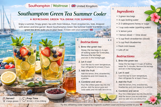 A chilled pitcher of Southampton Green Tea Summer Cooler poured over ice, made with jasmine green tea, lemon-bright cooler mix and a soft watermelon finish, styled for the BoroPantry UK grocery blog.
