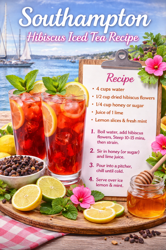 A chilled glass jug of Southampton Hibiscus Iced Tea poured over ice, made with hibiscus flowers, cranberry hibiscus rooibos tea, lemon blossom tea and a light elderflower tonic finish, styled for the BoroPantry UK grocery blog.