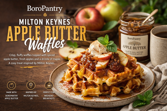 A warm plate of Milton Keynes Apple Butter Waffles topped with quick apple butter, maple syrup, cinnamon apple chips and crunchy granola, styled for the BoroPantry UK blog.