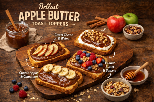 A rustic plate of Belfast Apple Butter Toast Toppers with warm apple butter on toast, finished in different ways with honey, plum butter and sesame seeds, served with Irish breakfast tea for the BoroPantry UK blog.