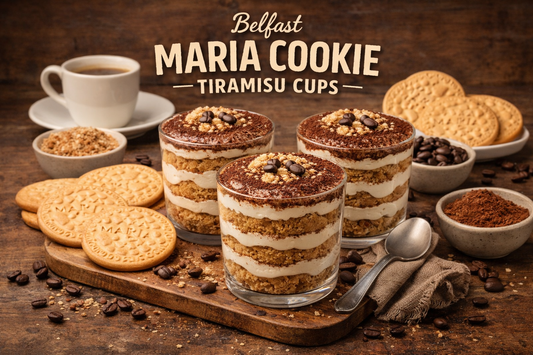 A set of Belfast Maria Cookie Tiramisu Cups layered with coffee-soaked Maria cookies, silky vanilla tiramisu cream and a light cocoa finish, styled in chilled dessert glasses for the BoroPantry UK blog.