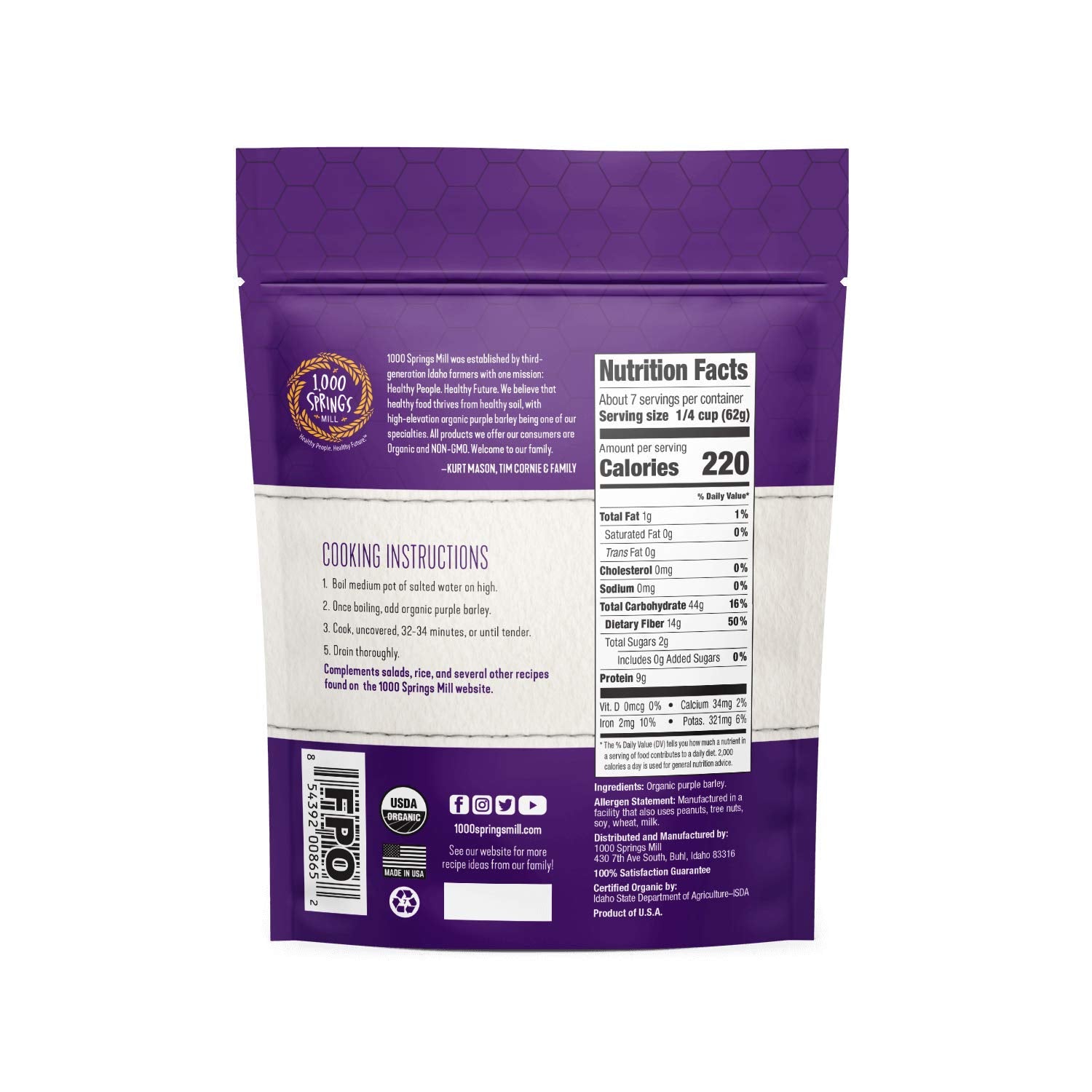 1000 Springs Mill Purple Barley in a cereal bowl for a chewy breakfast.