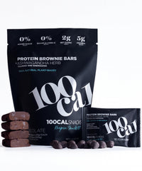 100Cal Protein Bar Chocolate Brownie pack highlights gluten-free keto snack.