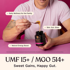 Creamed 100% Pure New Zealand Honey Manuka UMF15 yields ultra-smooth spread.