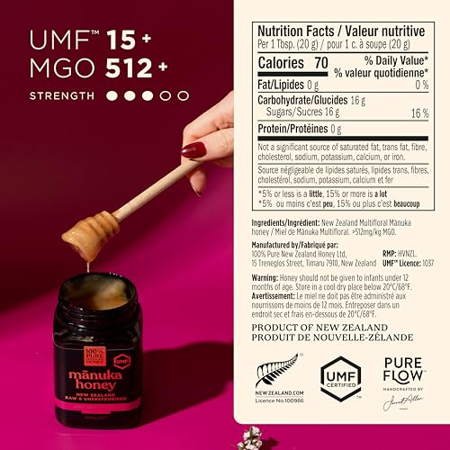 100% Pure New Zealand Honey Manuka UMF15 label shows award-winning quality.