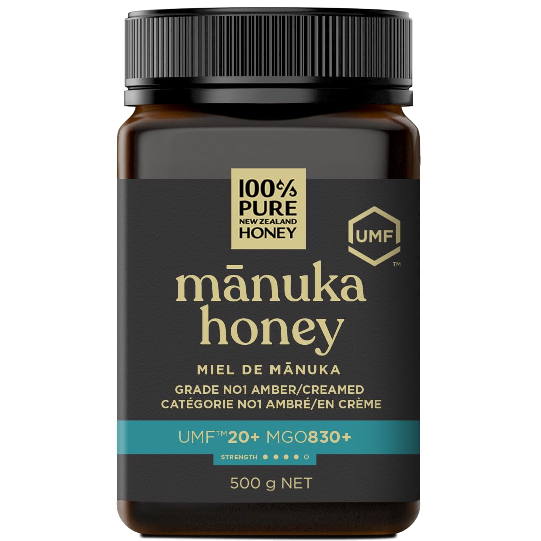 100% Pure New Zealand Honey Manuka UMF20+ bottle highlights smooth texture for daily use