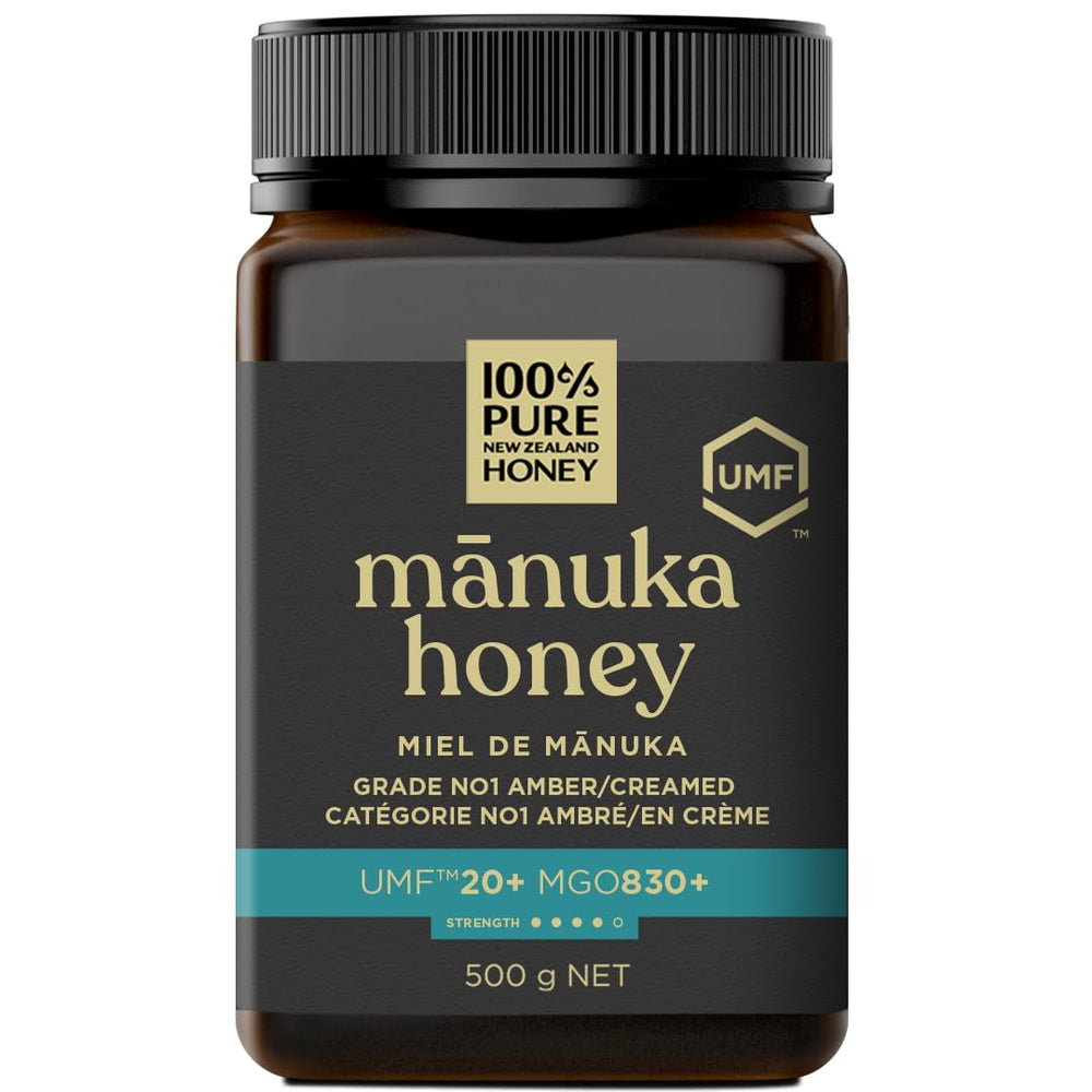 100% Pure New Zealand Honey Manuka UMF20+ bottle highlights smooth texture for daily use