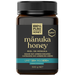 100% Pure New Zealand Honey Manuka UMF20+ bottle highlights smooth texture for daily use