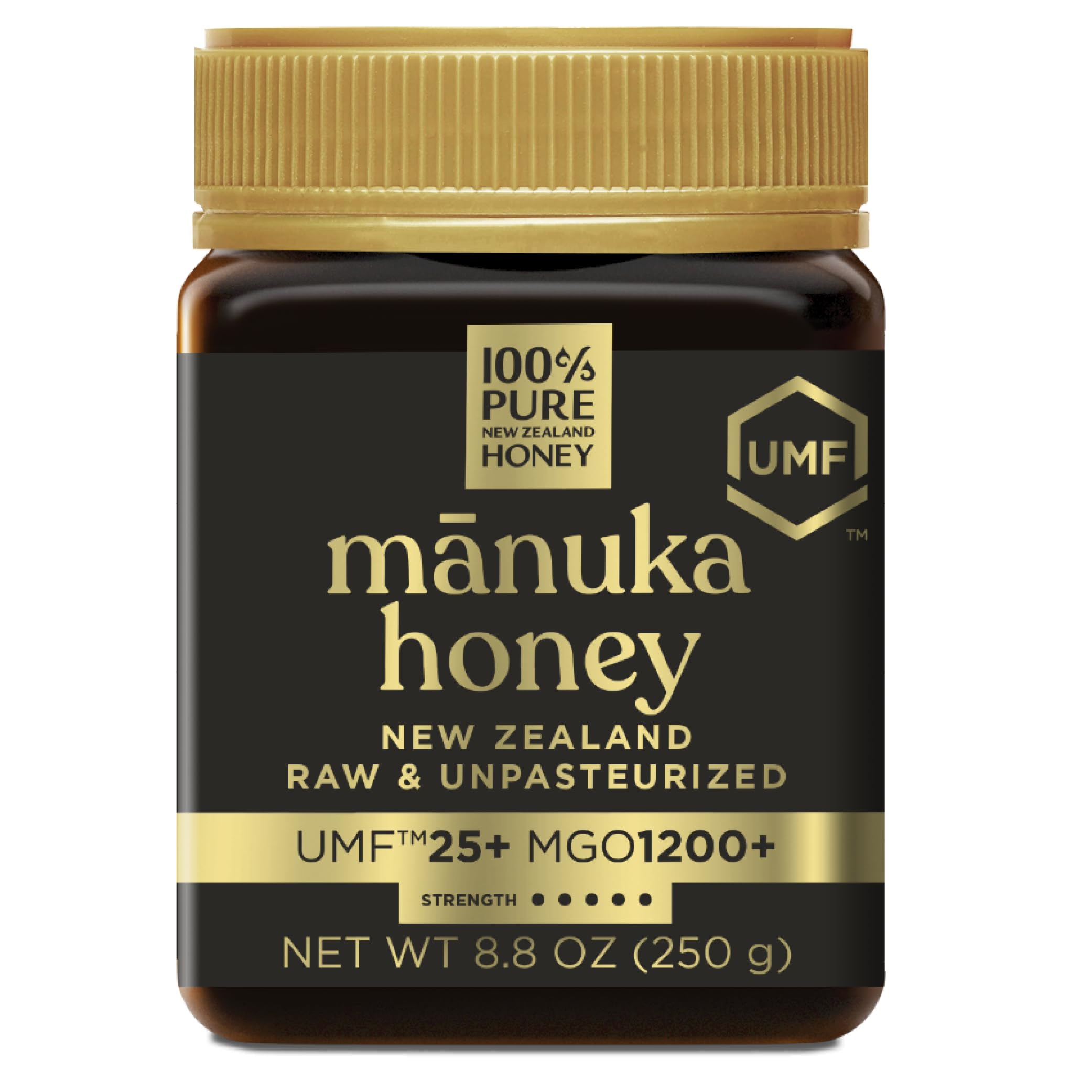 100% Pure New Zealand Honey Manuka UMF25 jar shows premium origin and smooth texture