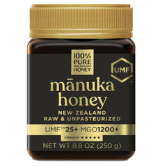 100% Pure New Zealand Honey Manuka UMF25 jar shows premium origin and smooth texture