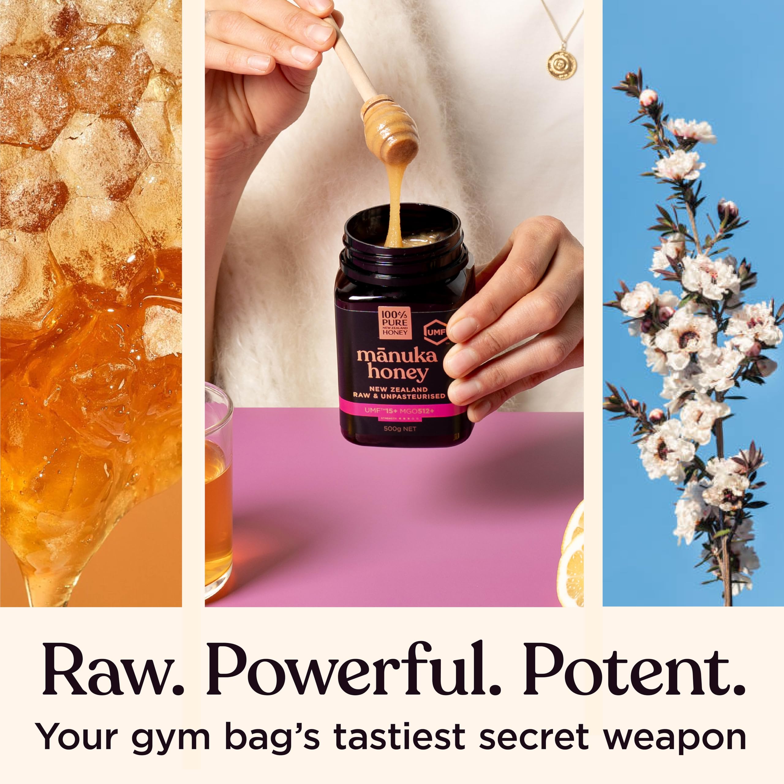 Raw, unpasteurized 100% Pure New Zealand Honey Manuka UMF15, glyphosate-free.