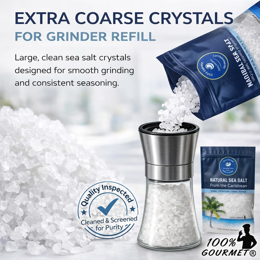 100% Gourmet clean large crystals promote even grinding and reduce grinder clogs.