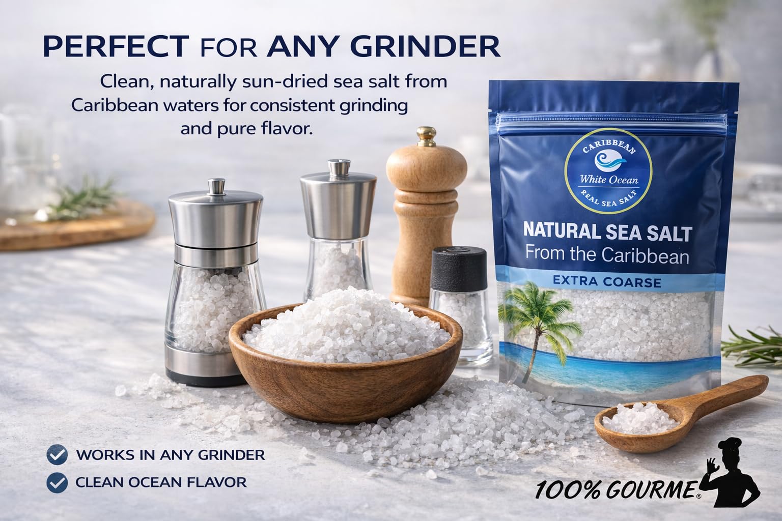 Natural sea salt with no additives, packed in the USA for freshness.