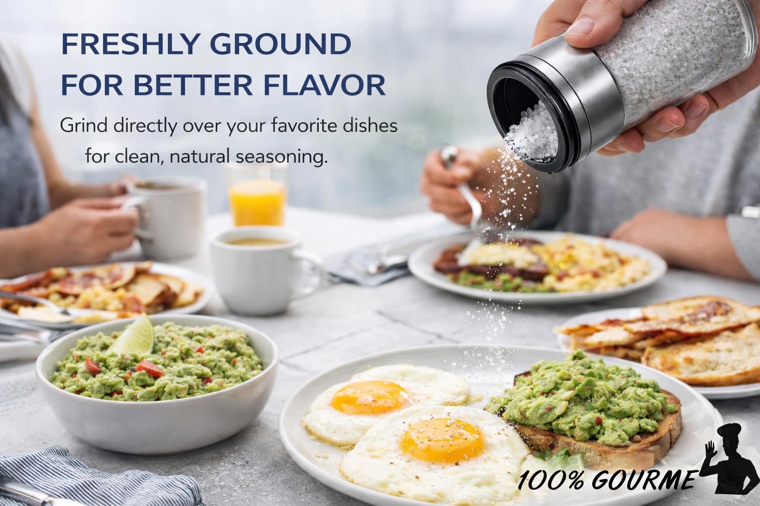 Versatile salt for cooking and finishing to enhance dishes with freshly ground salt.