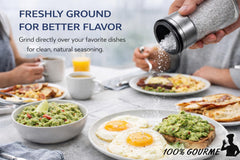 Versatile salt for cooking and finishing to enhance dishes with freshly ground salt.