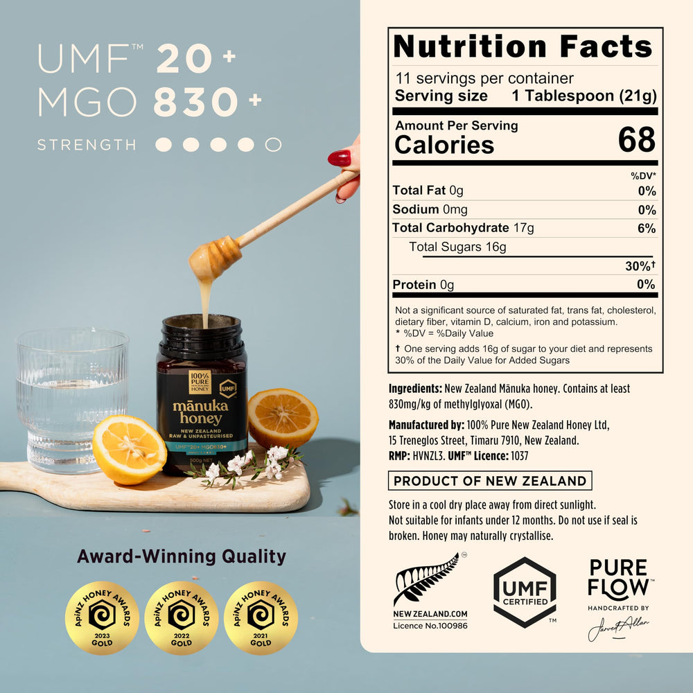 100% Pure New Zealand Honey Manuka UMF 20+ jar close-up for silky texture.