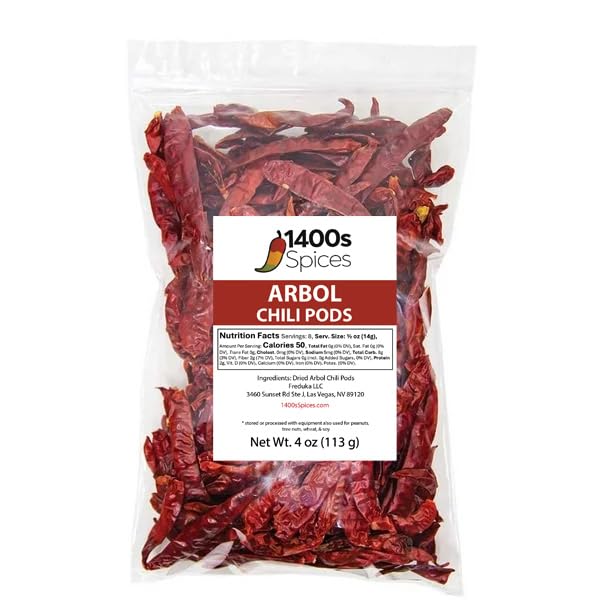 1400S SPICES dried Chile de Arbol peppers in a resealable pack to flavor meals.