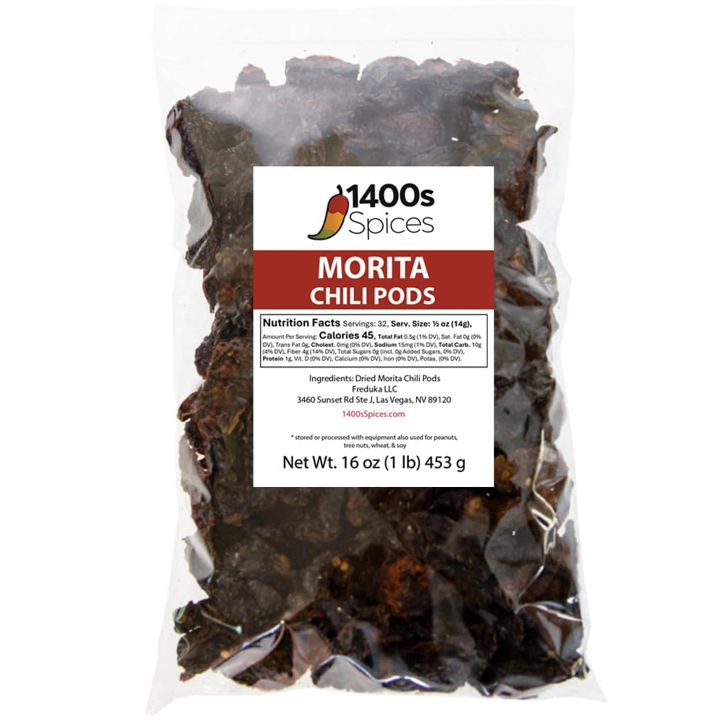 1400S SPICES Morita chipotle peppers in a heat-sealed bag for authentic flavor.