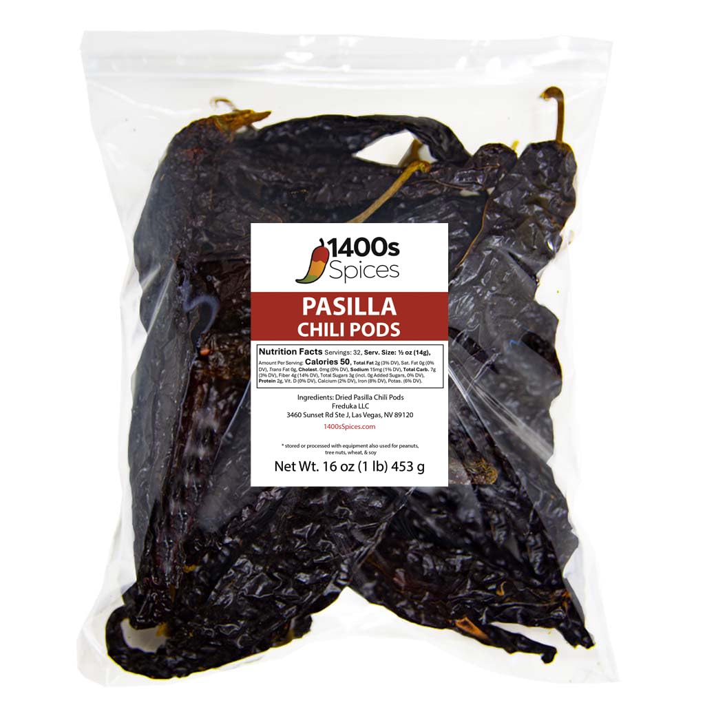 1400S SPICES Pasilla Negro Chilaca chiles front pack for authentic Mexican flavor.
