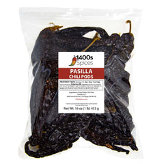 1400S SPICES Pasilla Negro Chilaca chiles front pack for authentic Mexican flavor.