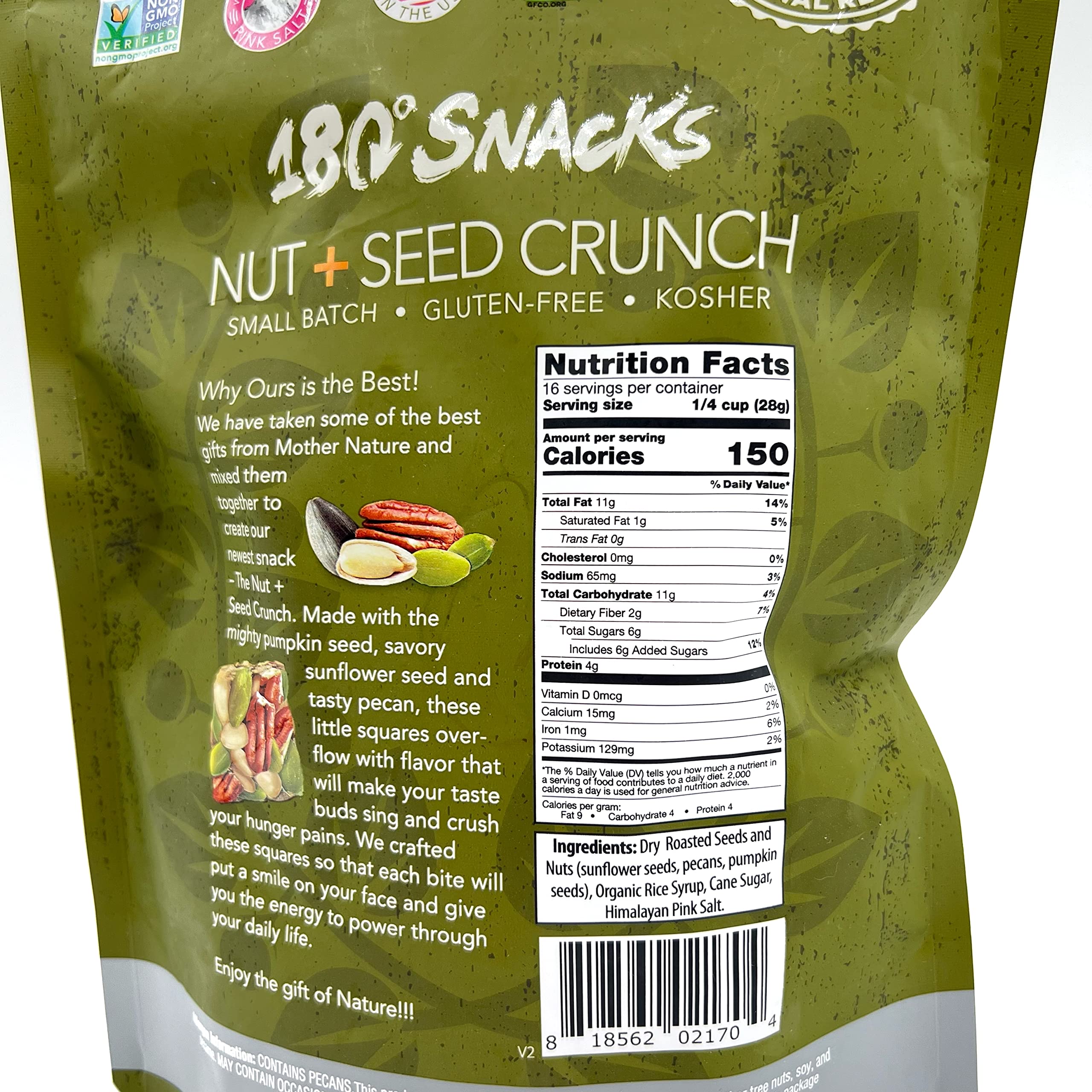 180 Snacks Nut and Seed Crunch nutrition panel highlights serving size and ingredients for informed snacking.