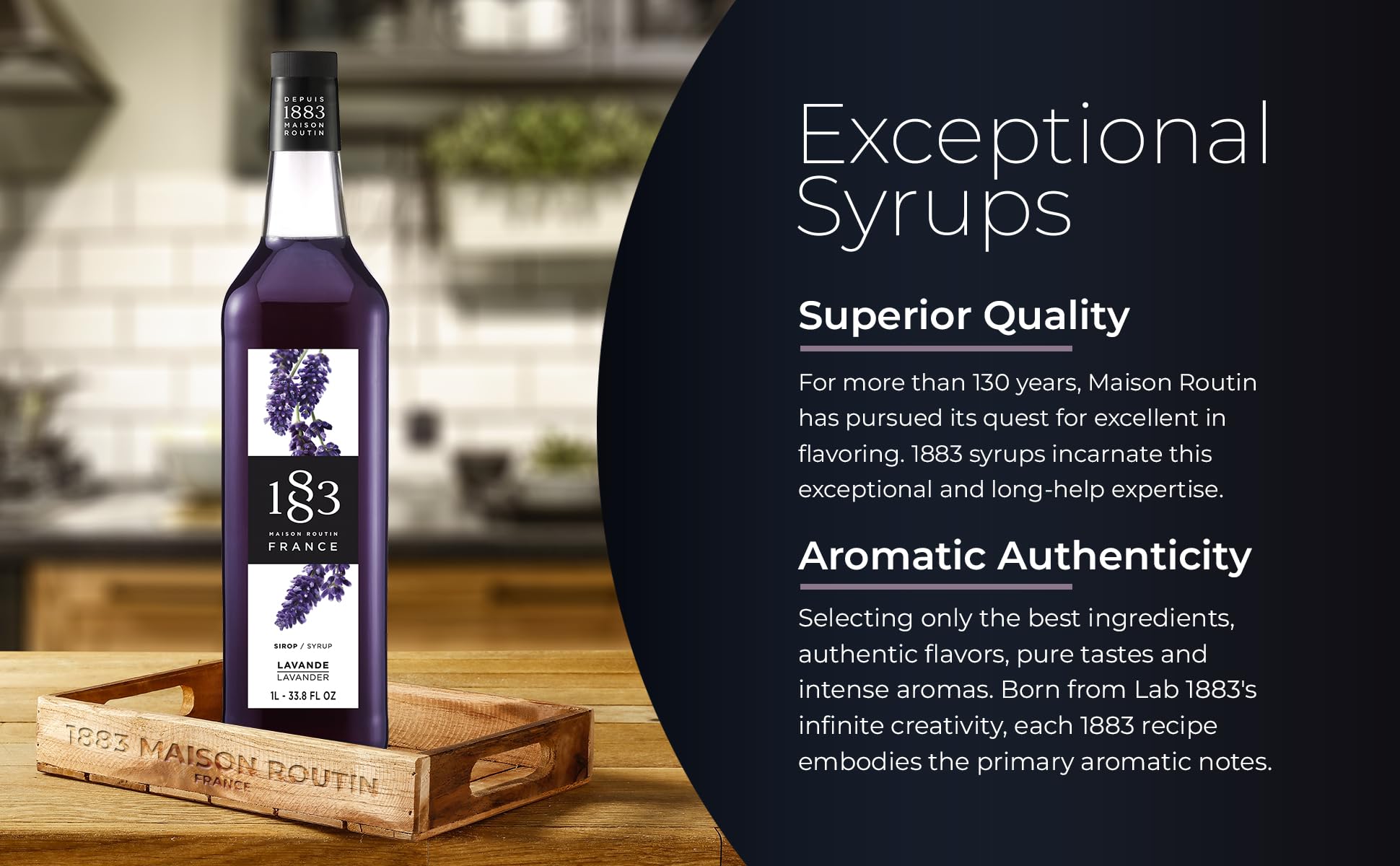 Alps origin bottle of 1883 Lavender Syrup evokes alpine purity and heritage