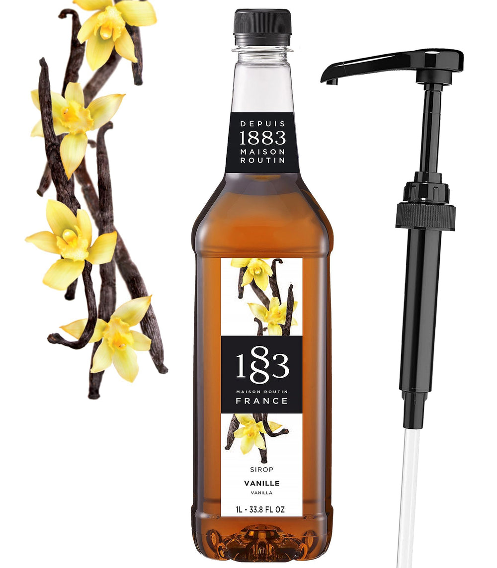 1883 Maison Routin vanilla syrup bottle with pump for rich coffee flavor.
