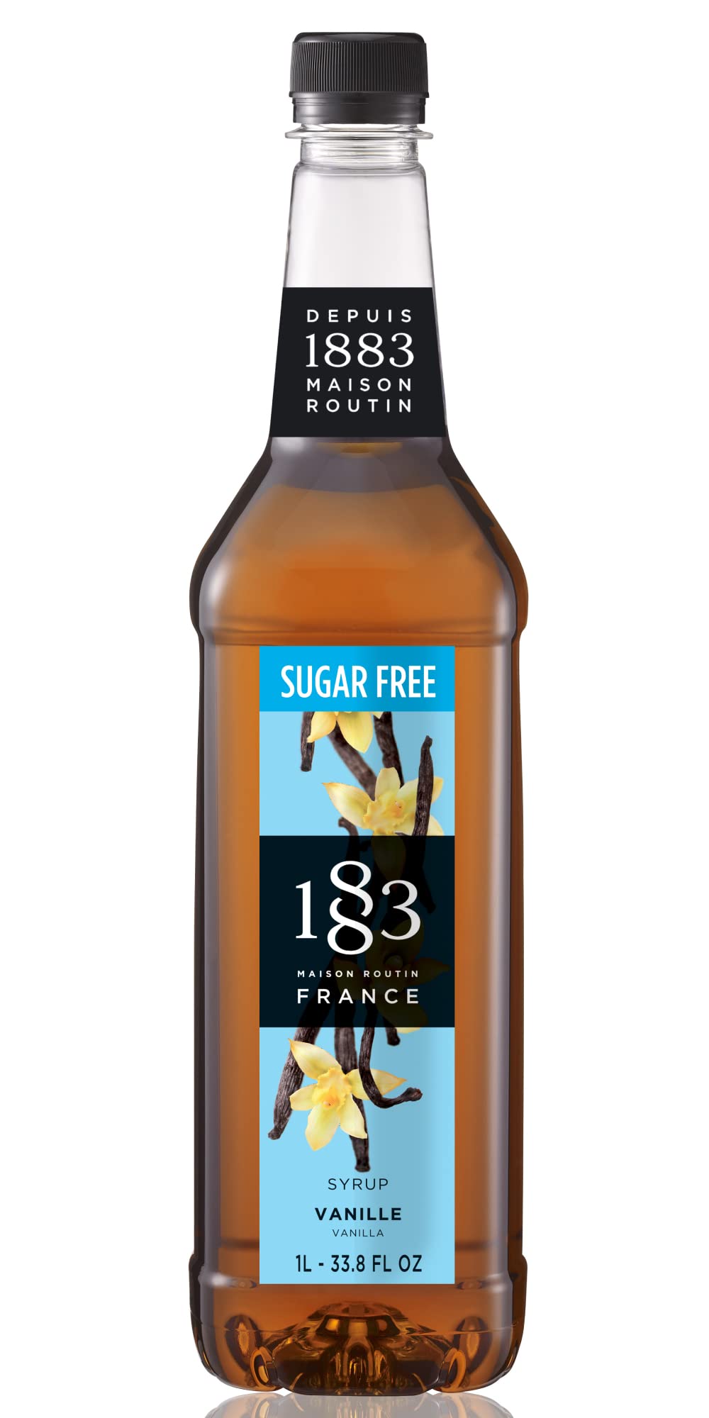 1883 MAISON ROUTIN vanilla syrup bottle close-up for zero-calorie daily beverages.