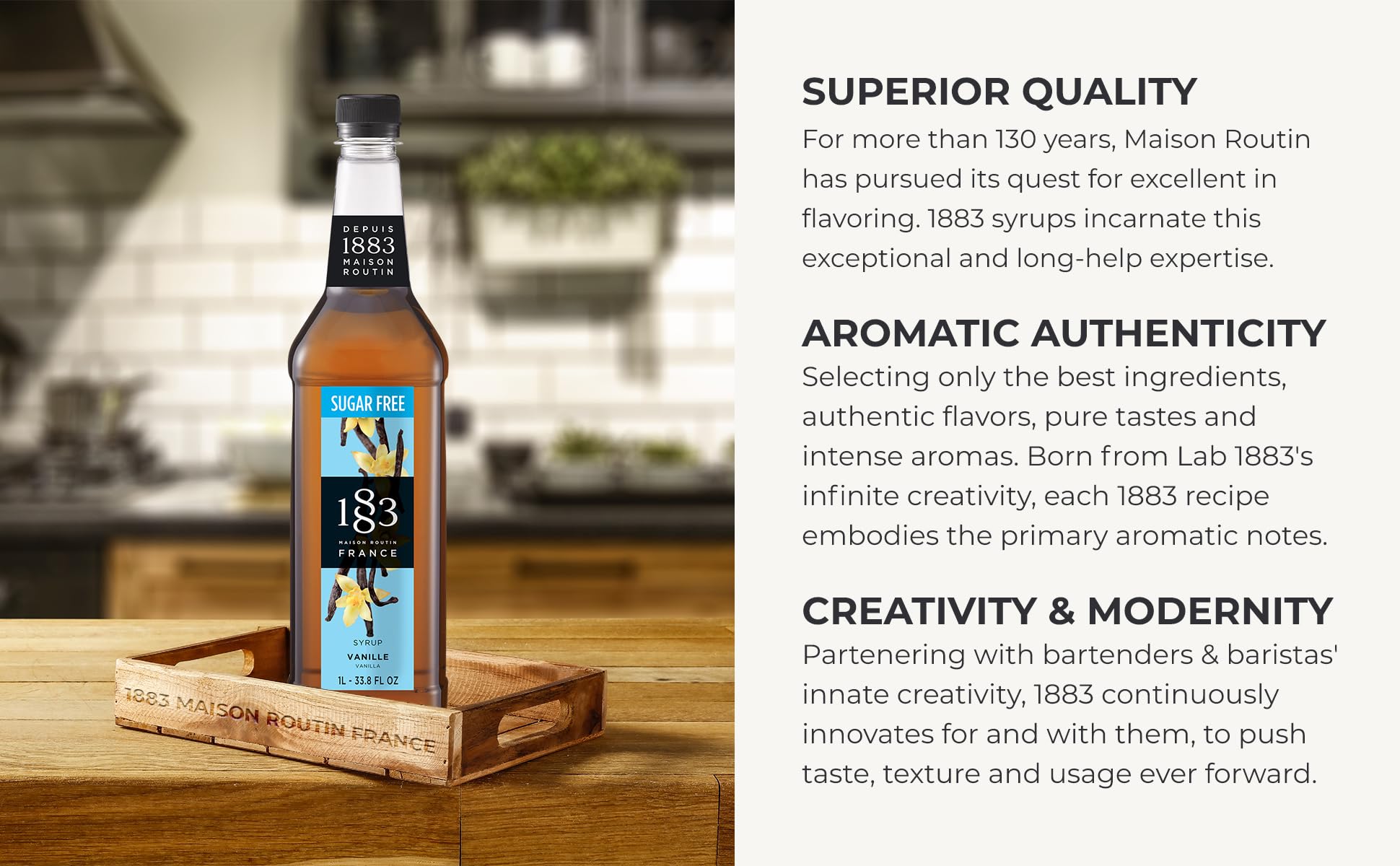 1883 MAISON ROUTIN vanilla syrup in a cocktail for flavorful mixing.
