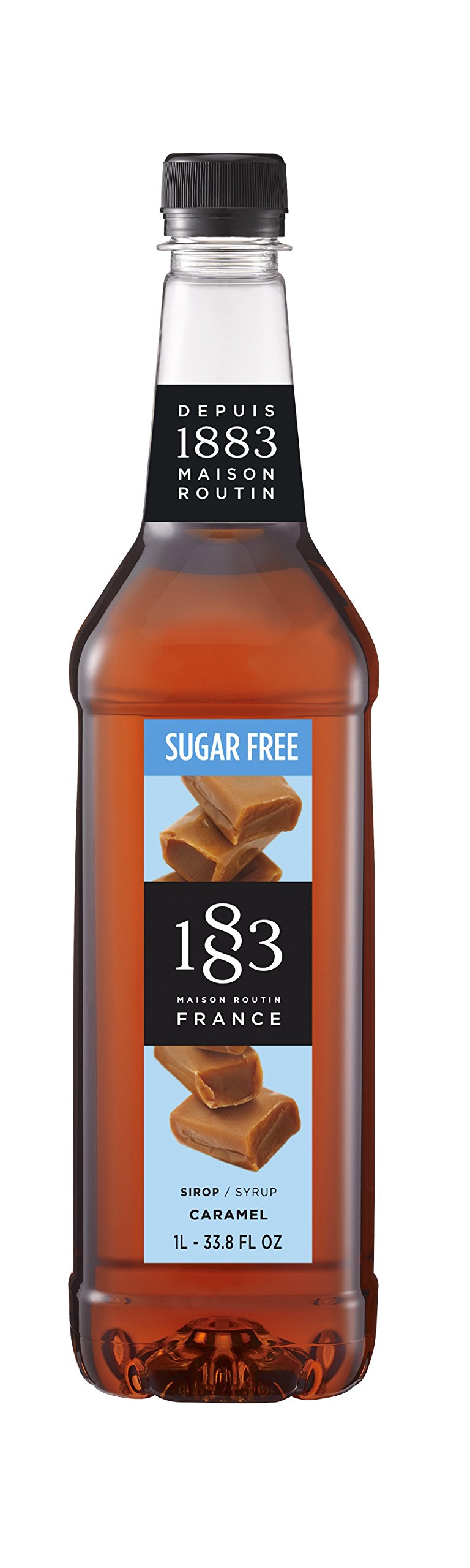 1883 Maison Routin sugar-free caramel syrup bottle ready for coffee flavoring