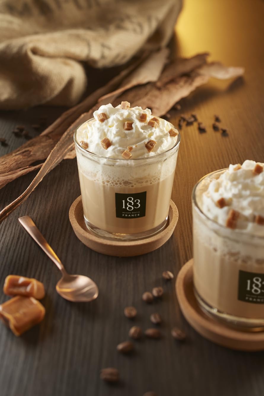 1883 Maison Routin sugar-free caramel syrup in a teacup