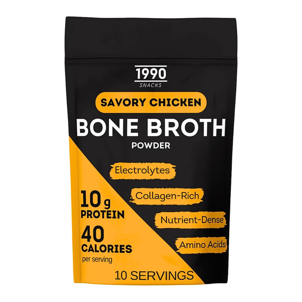 1990 SNACKS premium chicken bone broth powder in a jar for quick savory cups