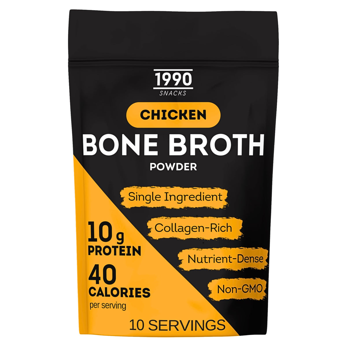 1990 SNACKS Premium chicken bone broth powder in a jar for a protein-rich warm sip.