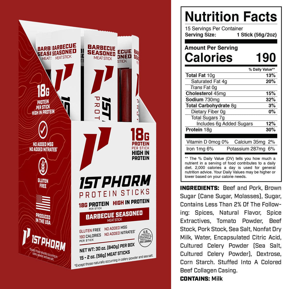 Close-up of 18g protein per serving on 1st Phorm Meat Sticks label