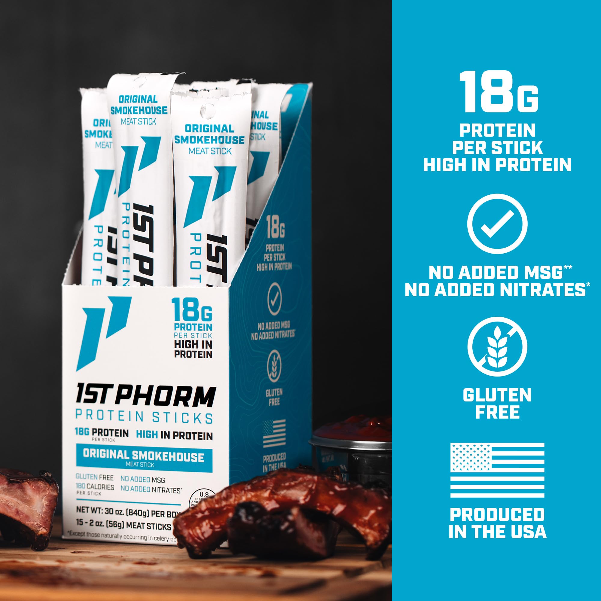 1st Phorm Meat Sticks Original Smokehouse closeup emphasizes lean beef and pork quality.