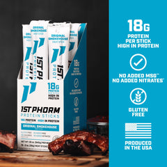1st Phorm Meat Sticks Original Smokehouse closeup emphasizes lean beef and pork quality.
