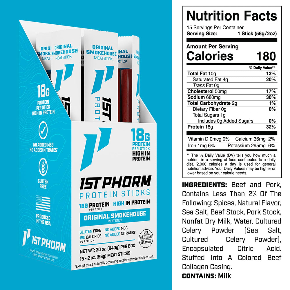1st Phorm Meat Sticks Original Smokehouse label highlights gluten-free features and clean ingredients.