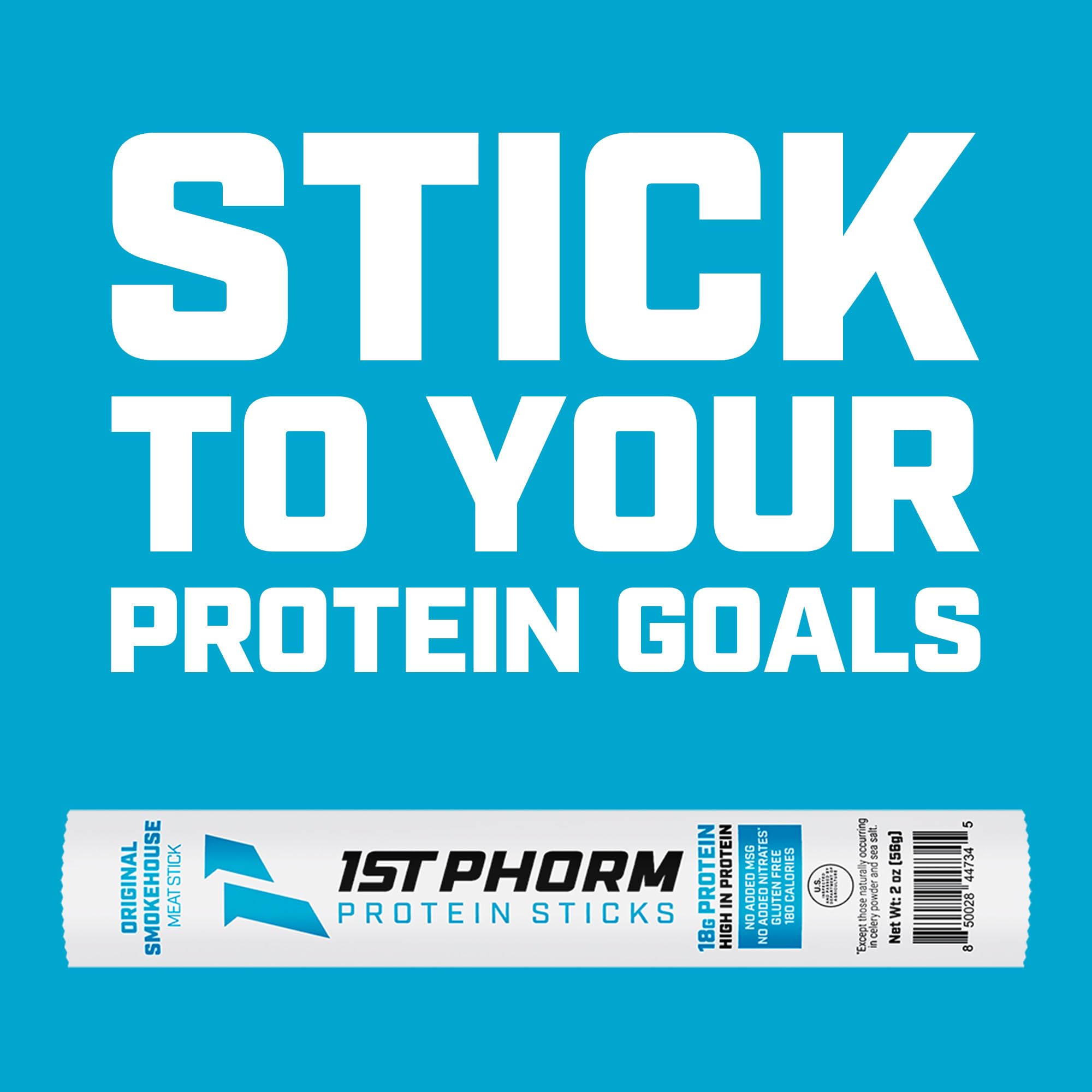 1st Phorm Meat Sticks Original Smokehouse on-the-go image illustrates portable protein for workouts.