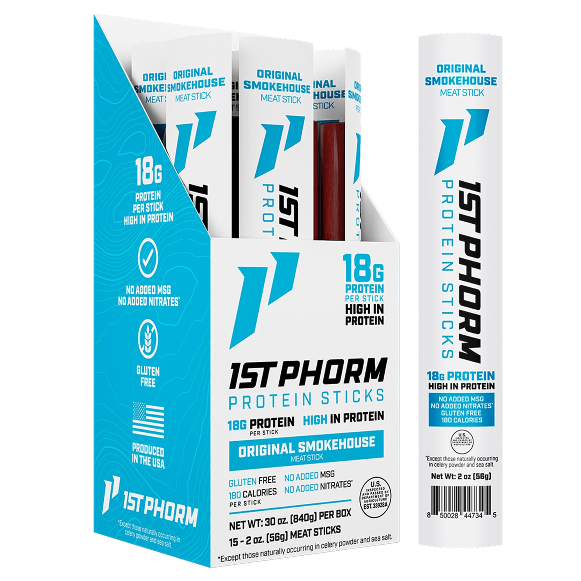 1st Phorm Meat Sticks Original Smokehouse pack shows convenient, protein-packed snack options.