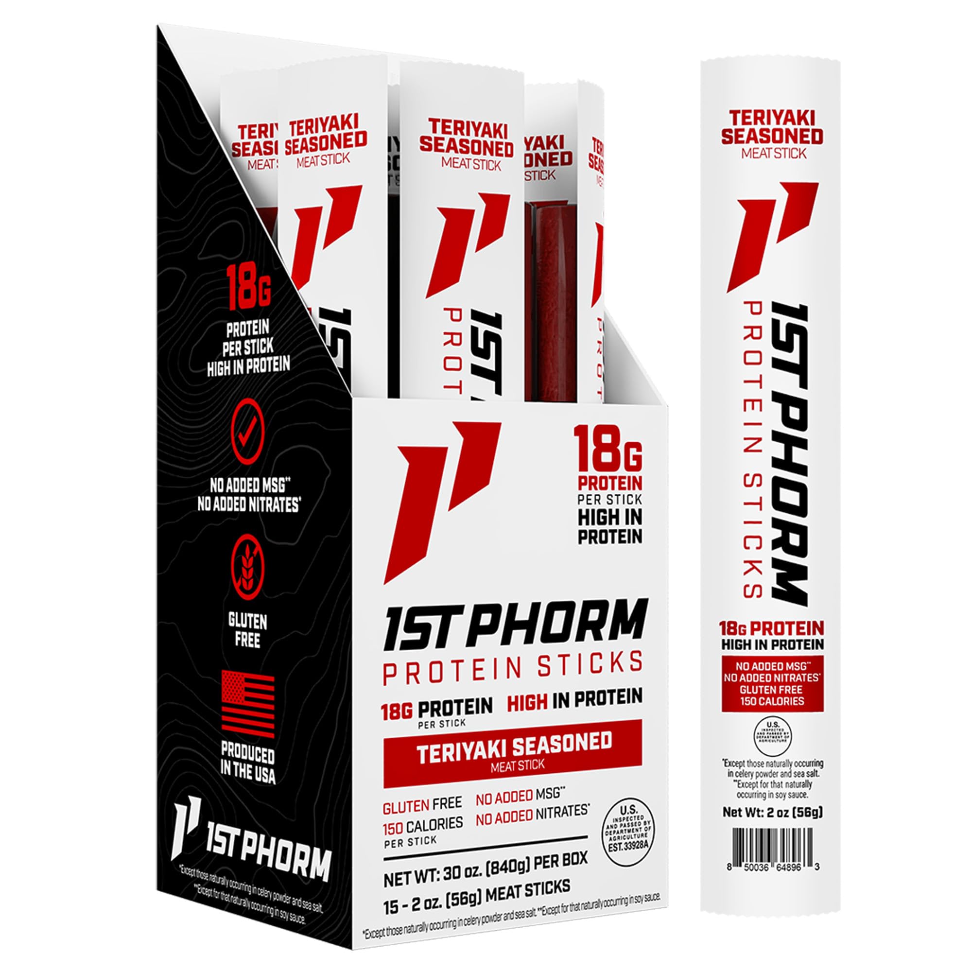 1st Phorm Meat Sticks Teriyaki front label shows glaze and 18g protein per serving.