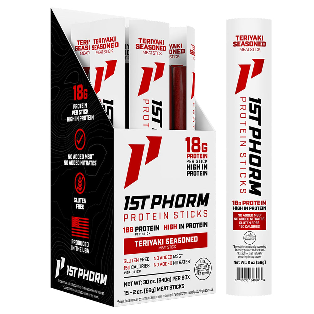1st Phorm Meat Sticks Teriyaki front label shows glaze and 18g protein per serving.