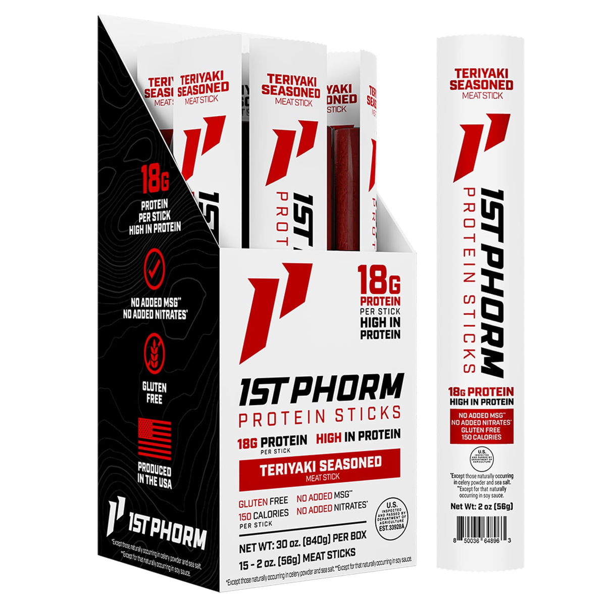 1st Phorm Meat Sticks Teriyaki front label shows glaze and 18g protein per serving.