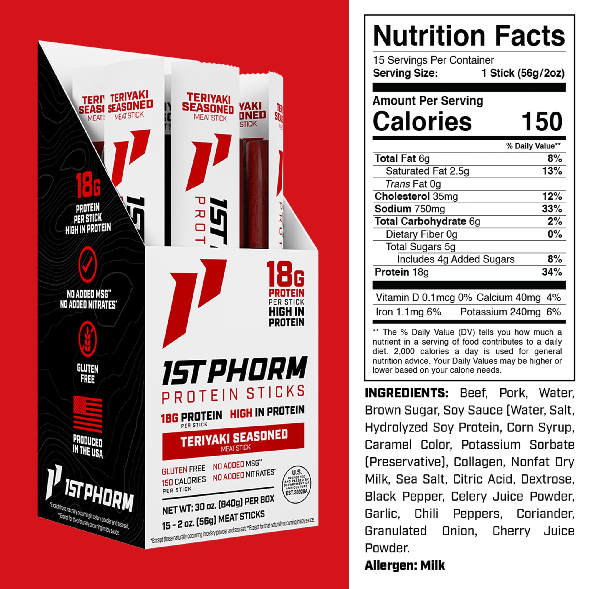 1st Phorm Meat Sticks USA-raised beef and pork packaging highlighting transparency.