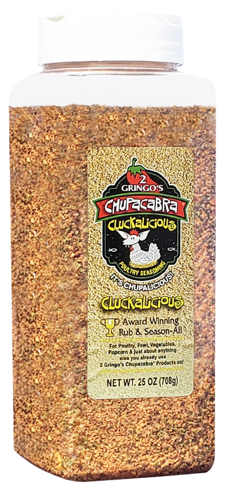 2 Gringos Chupacabra Cluckalicous poultry seasoning bottle for juicy, flavorful poultry.
