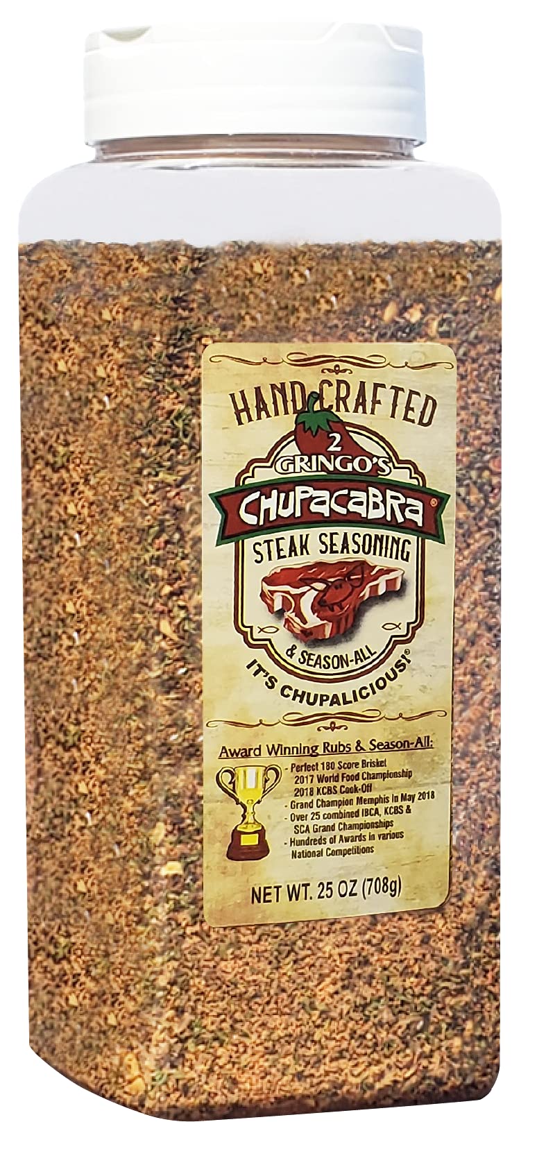 2 Gringos Chupacabra steak seasoning bottle front view for juicy, well-seasoned steaks
