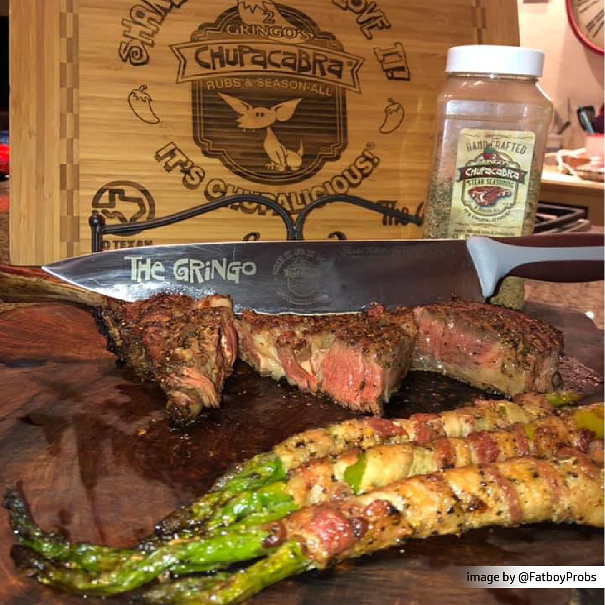 2 Gringos Chupacabra steak seasoning on meat for even coverage and bold crust