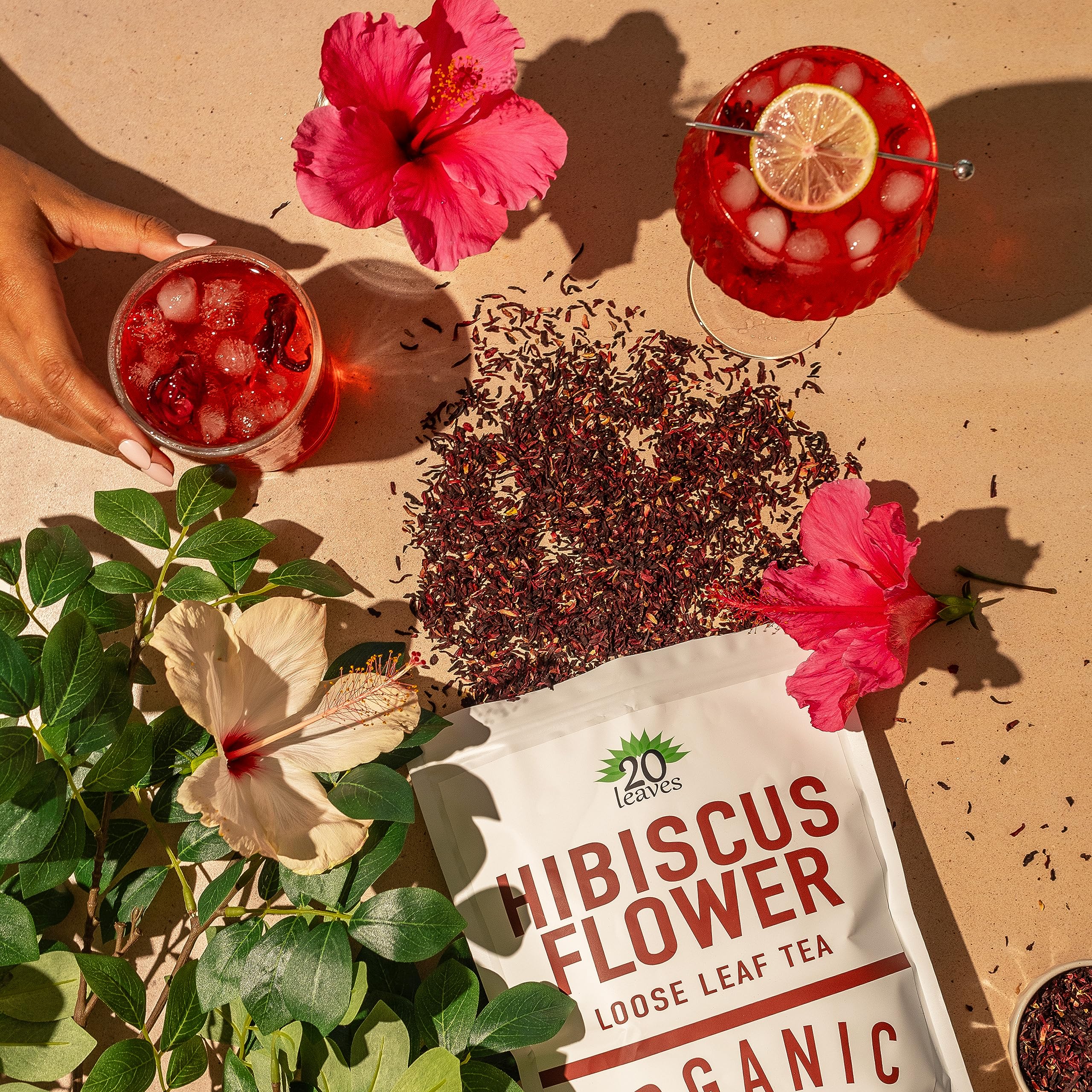 Iced hibiscus tea from 20 Leaves in a glass, showcasing refreshing summer sip
